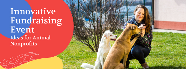 The title of the article on the left with a photo of a woman kneeling to pet two dogs.